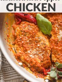 This Roasted Red Pepper Chicken skillet is a delicious and easy 30-minute meal of tender, pan-fried chicken breasts nestled in a creamy, lightly sweet sauce.