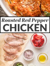 This Roasted Red Pepper Chicken skillet is a delicious and easy 30-minute meal of tender, pan-fried chicken breasts nestled in a creamy, lightly sweet sauce.