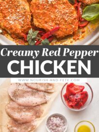 This Roasted Red Pepper Chicken skillet is a delicious and easy 30-minute meal of tender, pan-fried chicken breasts nestled in a creamy, lightly sweet sauce.