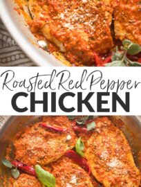 This Roasted Red Pepper Chicken skillet is a delicious and easy 30-minute meal of tender, pan-fried chicken breasts nestled in a creamy, lightly sweet sauce.