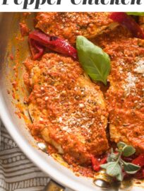 This Roasted Red Pepper Chicken skillet is a delicious and easy 30-minute meal of tender, pan-fried chicken breasts nestled in a creamy, lightly sweet sauce.