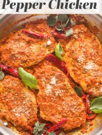 This Roasted Red Pepper Chicken skillet is a delicious and easy 30-minute meal of tender, pan-fried chicken breasts nestled in a creamy, lightly sweet sauce.