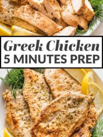 Whip up a delicious, Mediterranean-inspired dinner in a flash with this incredible Greek Marinated Chicken. This marinade has a few simple ingredients, takes just a minute to mix together, and guarantees tender, flavorful chicken every time.