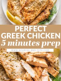 Whip up a delicious, Mediterranean-inspired dinner in a flash with this incredible Greek Marinated Chicken. This marinade has a few simple ingredients, takes just a minute to mix together, and guarantees tender, flavorful chicken every time.