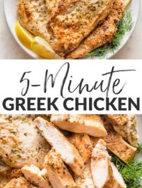 Whip up a delicious, Mediterranean-inspired dinner in a flash with this incredible Greek Marinated Chicken. This marinade has a few simple ingredients, takes just a minute to mix together, and guarantees tender, flavorful chicken every time.