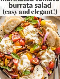 This Tomato Burrata Salad is as delicious as it is beautiful, and easy to throw together, too. Marinating the tomatoes gives this a little extra oomph, and makes it especially elegant for dinner guests or casual summer gatherings.