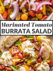 This Tomato Burrata Salad is as delicious as it is beautiful, and easy to throw together, too. Marinating the tomatoes gives this a little extra oomph, and makes it especially elegant for dinner guests or casual summer gatherings.