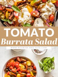 This Tomato Burrata Salad is as delicious as it is beautiful, and easy to throw together, too. Marinating the tomatoes gives this a little extra oomph, and makes it especially elegant for dinner guests or casual summer gatherings.