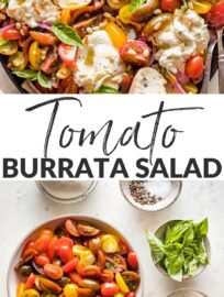 This Tomato Burrata Salad is as delicious as it is beautiful, and easy to throw together, too. Marinating the tomatoes gives this a little extra oomph, and makes it especially elegant for dinner guests or casual summer gatherings.