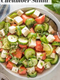 Throw together this easy watermelon salad with cucumber, feta, and mint for a dream summer salad that's sweet, salty, creamy, and crunchy!