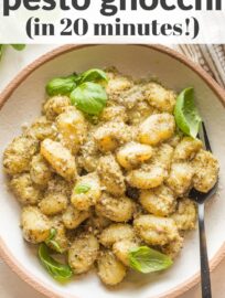 This Creamy Pesto Gnocchi is a comforting, family-friendly vegetarian meal that takes just 20 minutes from start to finish. Cook the gnocchi straight in the sauce for a true one pan wonder you'll enjoy time and again.