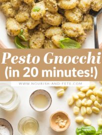 This Creamy Pesto Gnocchi is a comforting, family-friendly vegetarian meal that takes just 20 minutes from start to finish. Cook the gnocchi straight in the sauce for a true one pan wonder you'll enjoy time and again.