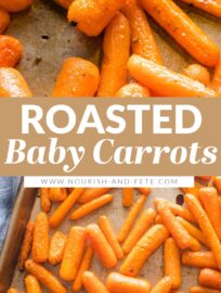 Roasted Baby Carrots are one of the easiest and tastiest side dishes you can make! Five minutes of prep and then they roast away to tender, sweet perfection, ready to serve alongside any meal. Keep it super simple with just olive oil, salt, and pepper, or dress things up with some of the tasty additions suggested below.