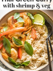 This simple Thai-inspired green curry with shrimp and veggies gives you a taste of your favorite takeout at home in about 20 minutes. The shrimp simmer to tender perfection in a garlic and ginger-infused coconut sauce.