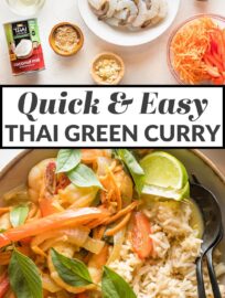 This simple Thai-inspired green curry with shrimp and veggies gives you a taste of your favorite takeout at home in about 20 minutes. The shrimp simmer to tender perfection in a garlic and ginger-infused coconut sauce.