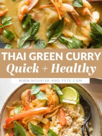 This simple Thai-inspired green curry with shrimp and veggies gives you a taste of your favorite takeout at home in about 20 minutes. The shrimp simmer to tender perfection in a garlic and ginger-infused coconut sauce.