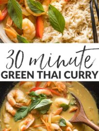 This simple Thai-inspired green curry with shrimp and veggies gives you a taste of your favorite takeout at home in about 20 minutes. The shrimp simmer to tender perfection in a garlic and ginger-infused coconut sauce.