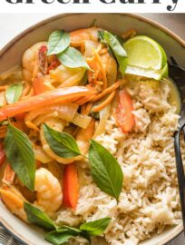 This simple Thai-inspired green curry with shrimp and veggies gives you a taste of your favorite takeout at home in about 20 minutes. The shrimp simmer to tender perfection in a garlic and ginger-infused coconut sauce.