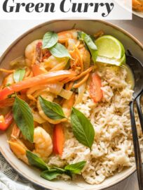 This simple Thai-inspired green curry with shrimp and veggies gives you a taste of your favorite takeout at home in about 20 minutes. The shrimp simmer to tender perfection in a garlic and ginger-infused coconut sauce.