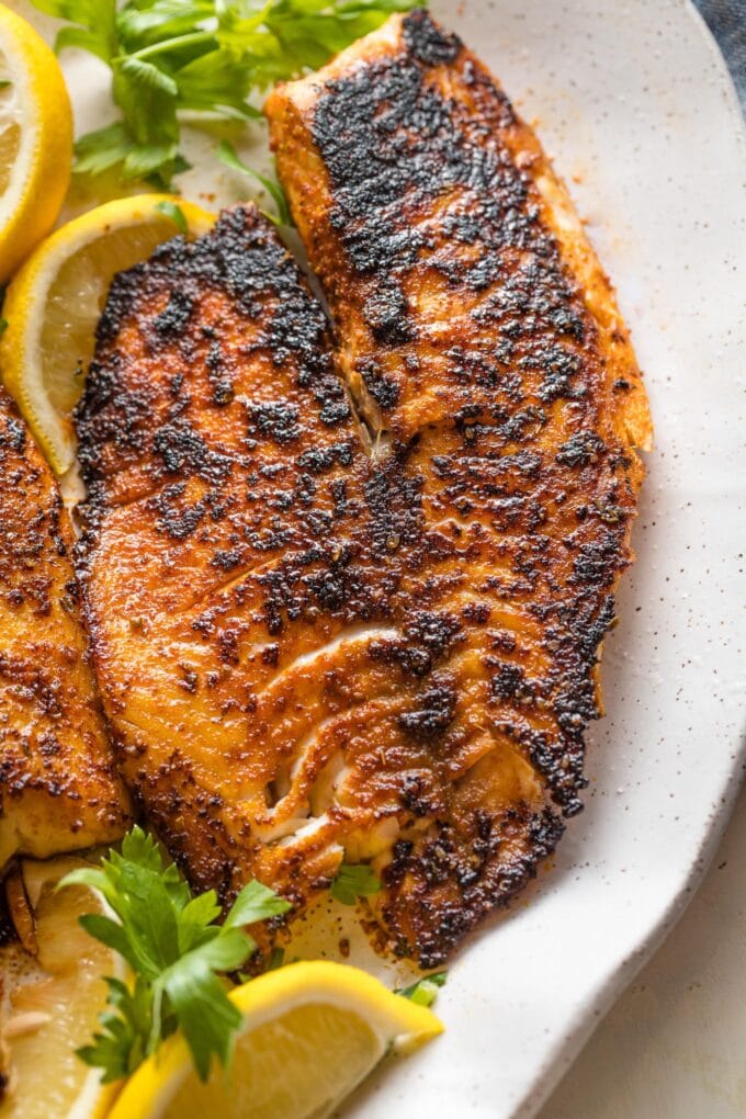 Close up image of a blackened tilapia fillet.