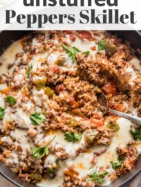 This easy ground beef Stuffed Pepper Skillet has all the cozy flavors of traditional stuffed peppers -- tender rice, healthy veggies, and creamy mozzarella -- but made in one pan in about 30 minutes. Weeknight dinner perfection!