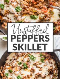 This easy ground beef Stuffed Pepper Skillet has all the cozy flavors of traditional stuffed peppers -- tender rice, healthy veggies, and creamy mozzarella -- but made in one pan in about 30 minutes. Weeknight dinner perfection!