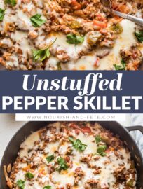 This easy ground beef Stuffed Pepper Skillet has all the cozy flavors of traditional stuffed peppers -- tender rice, healthy veggies, and creamy mozzarella -- but made in one pan in about 30 minutes. Weeknight dinner perfection!