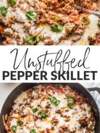 This easy ground beef Stuffed Pepper Skillet has all the cozy flavors of traditional stuffed peppers -- tender rice, healthy veggies, and creamy mozzarella -- but made in one pan in about 30 minutes. Weeknight dinner perfection!