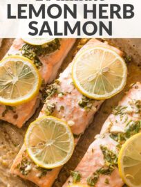 Baked Lemon Herb Salmon is a dinner staple: quick, easy, delicious, and healthy. With minimal prep and clean up, plus a short baking time, this recipe is a dream on busy nights. Pair with steamed veggies and rice or garlic bread.