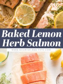 Baked Lemon Herb Salmon is a dinner staple: quick, easy, delicious, and healthy. With minimal prep and clean up, plus a short baking time, this recipe is a dream on busy nights. Pair with steamed veggies and rice or garlic bread.