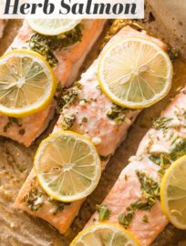 Baked Lemon Herb Salmon is a dinner staple: quick, easy, delicious, and healthy. With minimal prep and clean up, plus a short baking time, this recipe is a dream on busy nights. Pair with steamed veggies and rice or garlic bread.