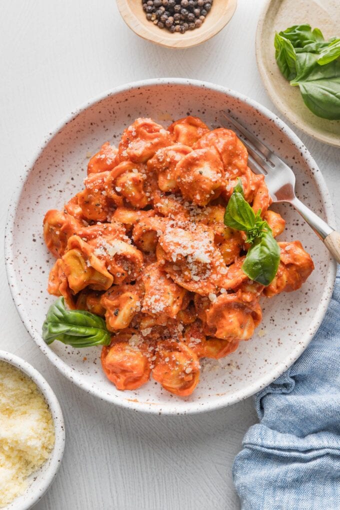 Small pasta bowl filled with tortellini cooked in a creamy tomato sauce with fresh basil and Parmesan cheese.