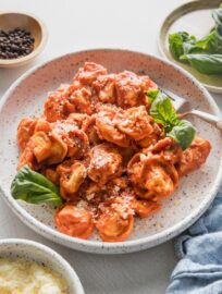 This easy Tortellini with Creamy Tomato Sauce delivers a delicious, real food dinner in just 15 minutes. The tortellini cook right in the sauce for a true one pan wonder with rich flavor.