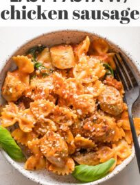 This flavorful Italian-style chicken sausage pasta is a great all-in-one, 25 minute meal. A creamy marinara-based sauce, tender spinach leaves, and plenty of Parmesan round out the dish.