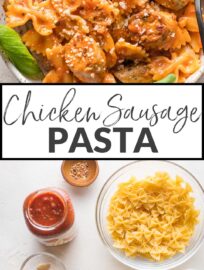 This flavorful Italian-style chicken sausage pasta is a great all-in-one, 25 minute meal. A creamy marinara-based sauce, tender spinach leaves, and plenty of Parmesan round out the dish.