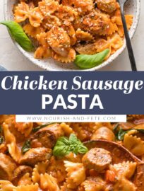 This flavorful Italian-style chicken sausage pasta is a great all-in-one, 25 minute meal. A creamy marinara-based sauce, tender spinach leaves, and plenty of Parmesan round out the dish.