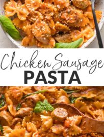 This flavorful Italian-style chicken sausage pasta is a great all-in-one, 25 minute meal. A creamy marinara-based sauce, tender spinach leaves, and plenty of Parmesan round out the dish.