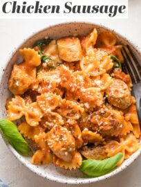 This flavorful Italian-style chicken sausage pasta is a great all-in-one, 25 minute meal. A creamy marinara-based sauce, tender spinach leaves, and plenty of Parmesan round out the dish.