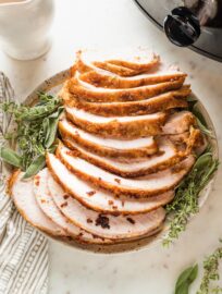 Sliced boneless turkey breast prepared in the slow cooker.