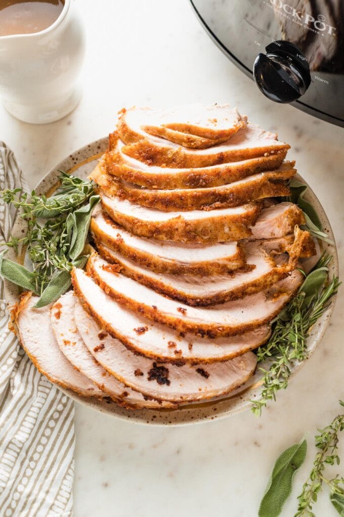 Sliced boneless turkey breast prepared in the slow cooker.