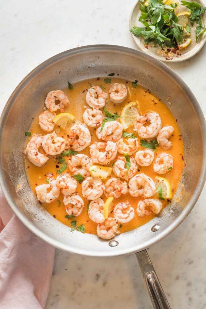 Argentinian red shrimp in a large skillet.