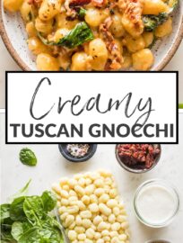 Try this recipe for a Tuscan-inspired gnocchi in cream sauce when you need an easy but full-flavored meal. It's got pillowy gnocchi, tender spinach, tangy sun-dried tomatoes, butter, and garlic. And you'll love that it's all made in one pan in about 15 minutes!