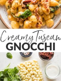 Try this recipe for a Tuscan-inspired gnocchi in cream sauce when you need an easy but full-flavored meal. It's got pillowy gnocchi, tender spinach, tangy sun-dried tomatoes, butter, and garlic. And you'll love that it's all made in one pan in about 15 minutes!