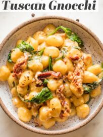 Try this recipe for a Tuscan-inspired gnocchi in cream sauce when you need an easy but full-flavored meal. It's got pillowy gnocchi, tender spinach, tangy sun-dried tomatoes, butter, and garlic. And you'll love that it's all made in one pan in about 15 minutes!