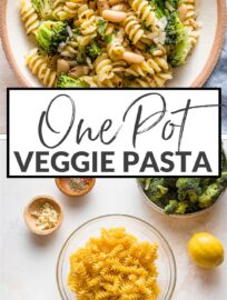 Pasta with White Beans and Broccoli is an easy dinner that packs veggies and a light plant protein all in one bowl. A quick braise of the beans in Mediterranean-inspired spices, together with a healthy sprinkle of Parmesan and lemon, makes for a flavorful one-pot meal.