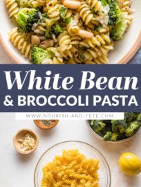 Pasta with White Beans and Broccoli is an easy dinner that packs veggies and a light plant protein all in one bowl. A quick braise of the beans in Mediterranean-inspired spices, together with a healthy sprinkle of Parmesan and lemon, makes for a flavorful one-pot meal.
