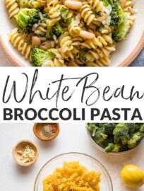 Pasta with White Beans and Broccoli is an easy dinner that packs veggies and a light plant protein all in one bowl. A quick braise of the beans in Mediterranean-inspired spices, together with a healthy sprinkle of Parmesan and lemon, makes for a flavorful one-pot meal.