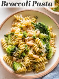 Pasta with White Beans and Broccoli is an easy dinner that packs veggies and a light plant protein all in one bowl. A quick braise of the beans in Mediterranean-inspired spices, together with a healthy sprinkle of Parmesan and lemon, makes for a flavorful one-pot meal.