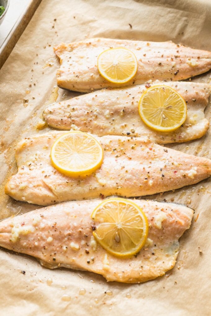 Baked rainbow trout just pulled from the oven.