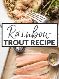 This fool-proof recipe for Baked Rainbow Trout takes just 20 minutes. It’s a great way to serve a healthy dinner with terrific flavors of lemon, garlic, and herbs—but minimal effort.